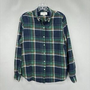 Trovata Birds Of Paradis Shirt Womens Medium Blue Green Plaid Cotton Button Down